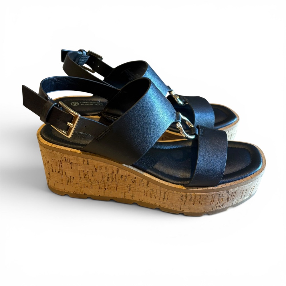 Giani Bernini Women's 7M Black Cork Platform Wedge Sandals Gold Ring Memory Foam